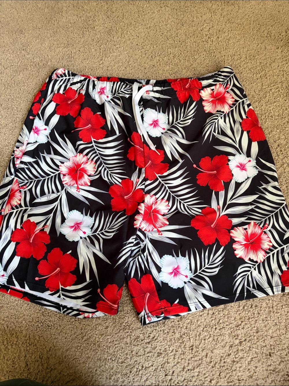PatPat Black Swim Trunks with Red & White Hibiscus